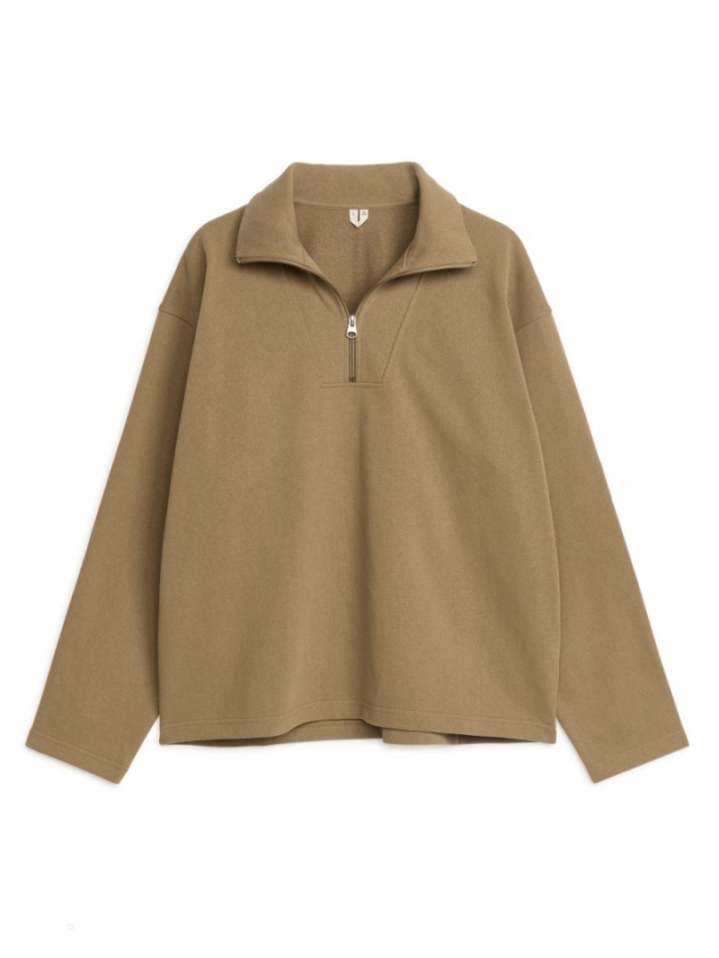 Sweter Arket Half-Zip Bawełniane Męskie Brązowe | Polska PXCAO-5847