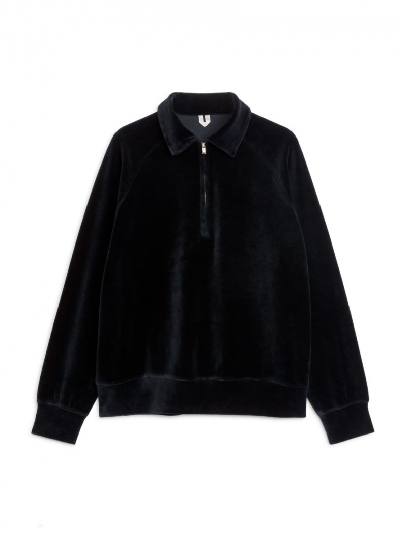 Sweter Arket Half-Zip Velour Męskie Ciemny Niebieskie | Polska ADFOX-5283